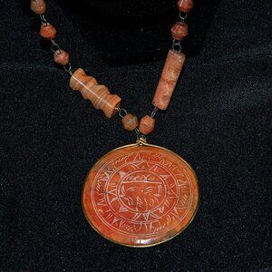 Vintage Mayan inspired 24" Orange Onyx Medallion and Bead Chain